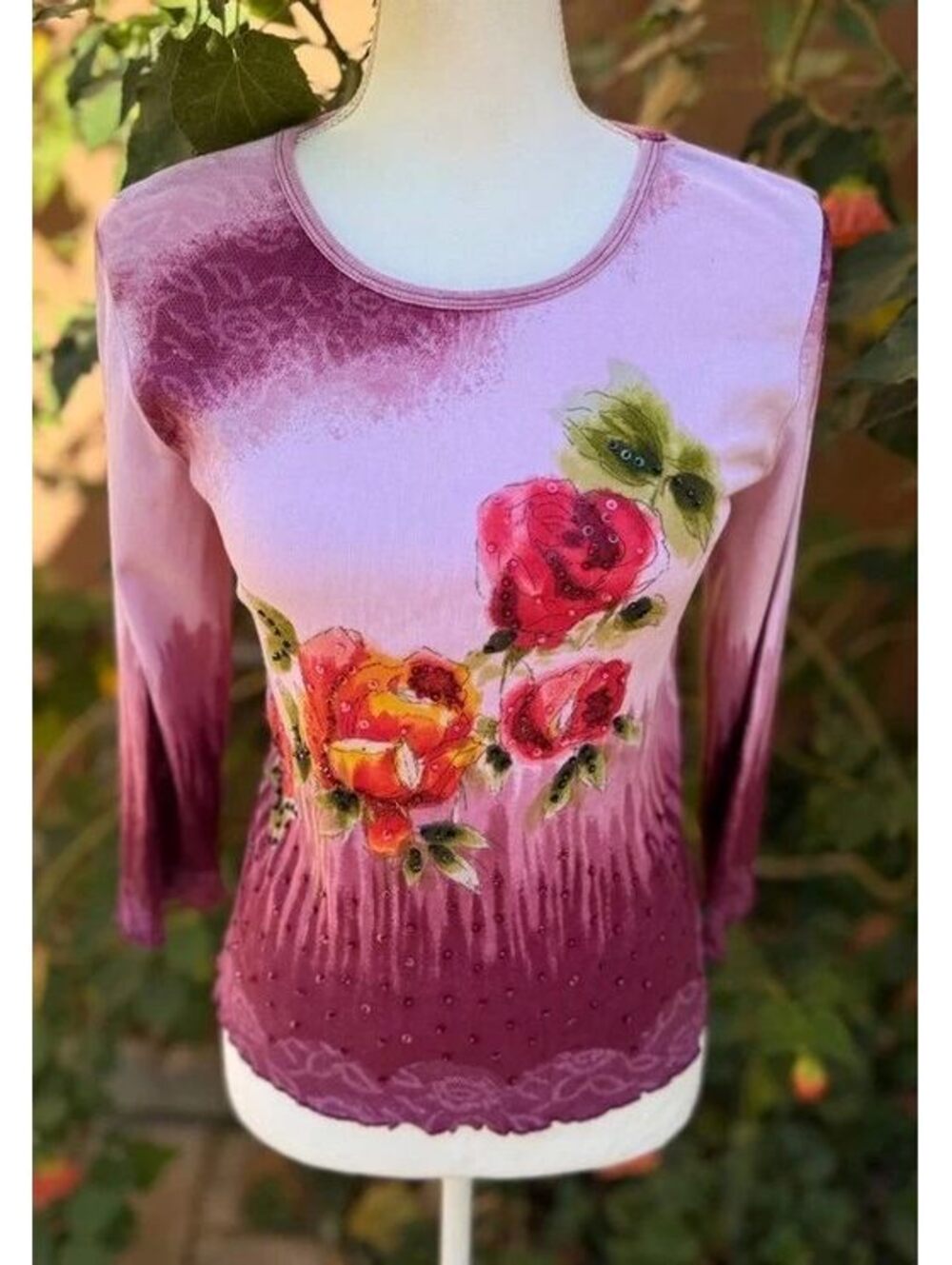 Chaudry Sports Beaded Sequins Floral Pink Hues Stretch Top Size XL